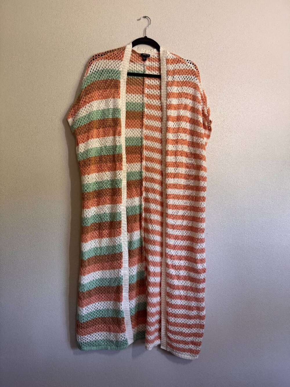 Torrid Striped Cotton Open Knit Duster Cardigan 00/0 M-L Coral Mint